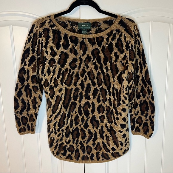 Ralph Lauren Vintage Leopard Print Linen Cotton Hand Knit Sweater Size Medium - Picture 1 of 5